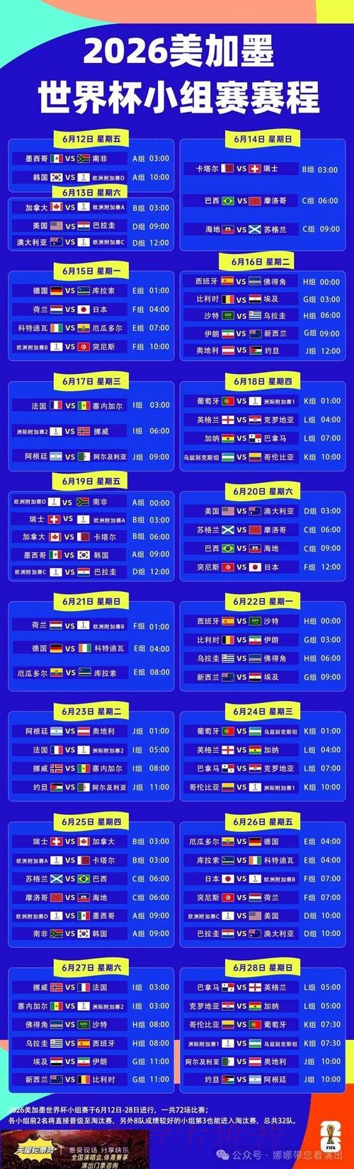 2026世界杯每日赛程今日比赛时间表免费观看 2026世界杯每日赛程今日比赛时间表免费观看